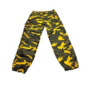 Yellow & Green Camouflage Cargo Pants 2XL Made In China 70% Cotton Blend Elastic